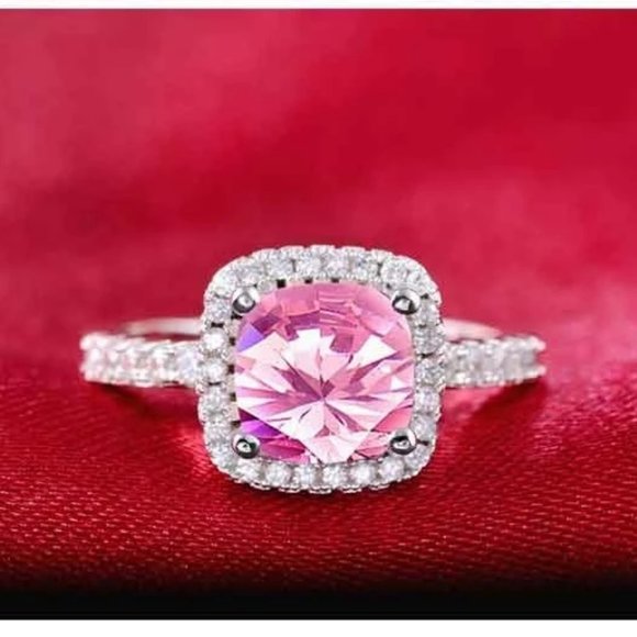NEW 925 Silver Pink Cushion Sapphire Halo Ring - Picture 2 of 3